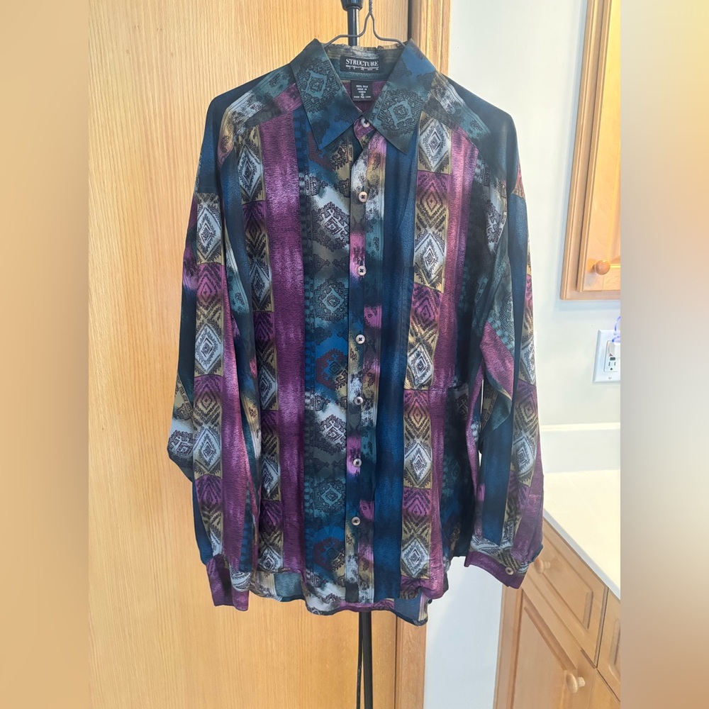 Structure Artistic Purple and Blue New Silk Shirt - Small